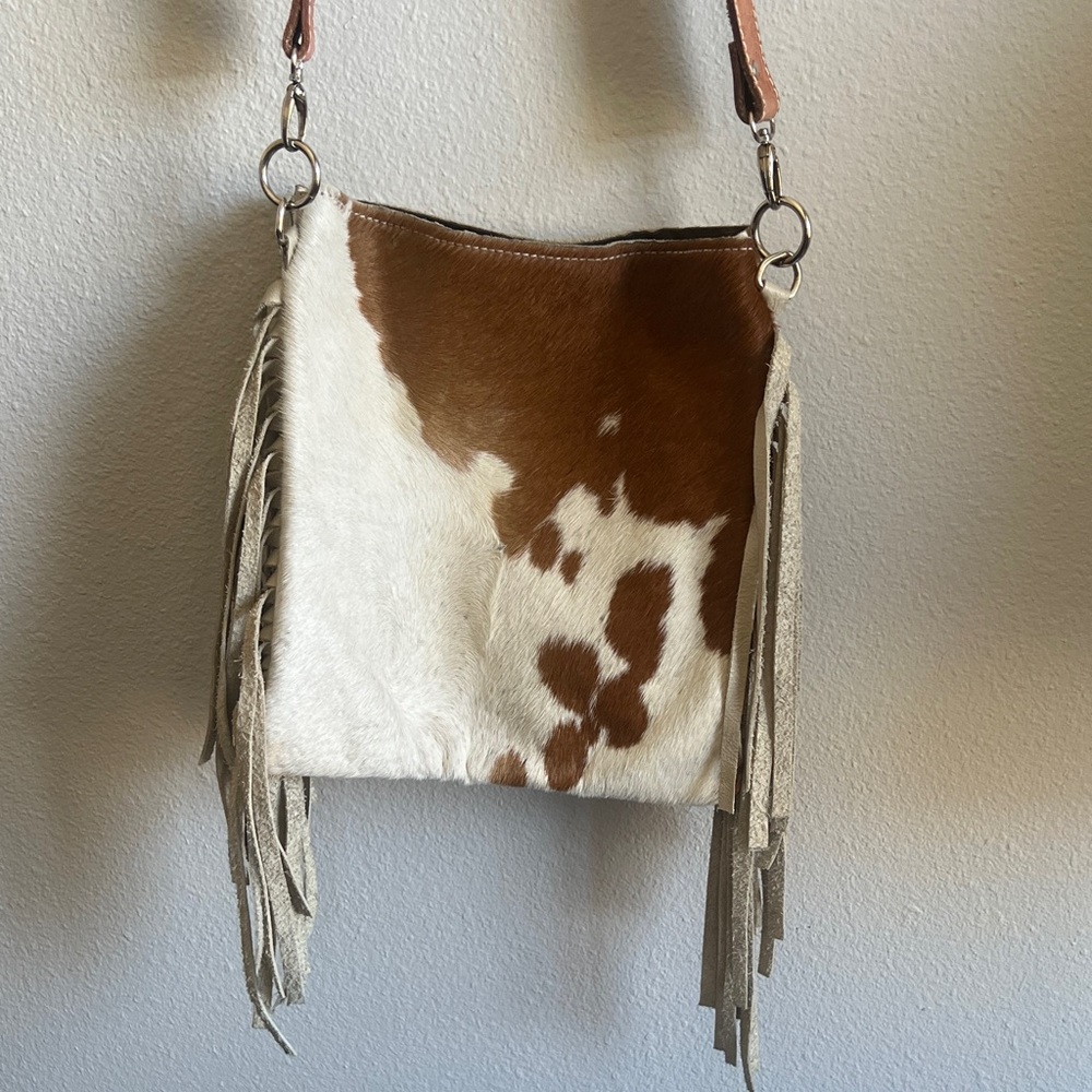Cowhide Fringe Crossbody Bag in Brown & White